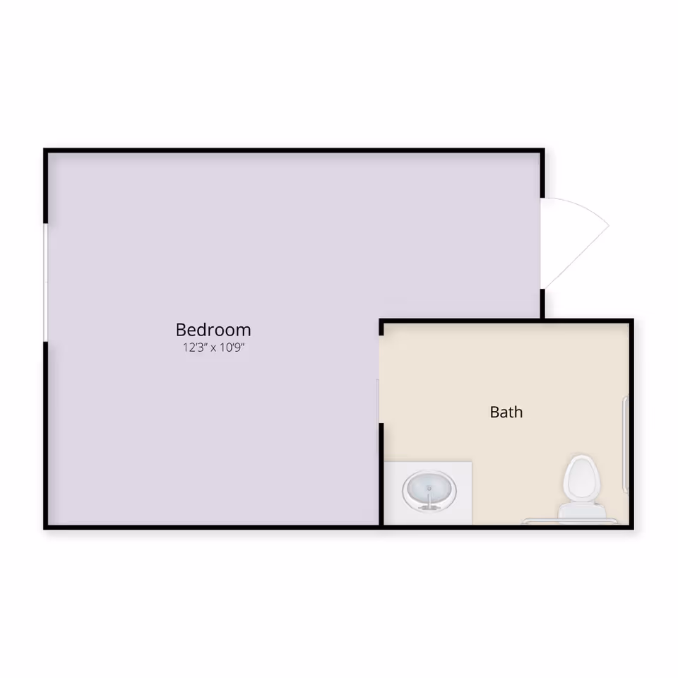 Floor plan showing a bedroom measuring 12 feet 3 inches by 10 feet 9 inches connected to a bathroom with a sink and toilet.