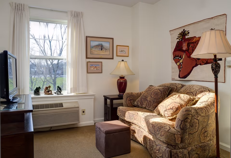 Sunlit living room with a patterned loveseat, floor and table lamps, TV, window with curtains, and wall art.