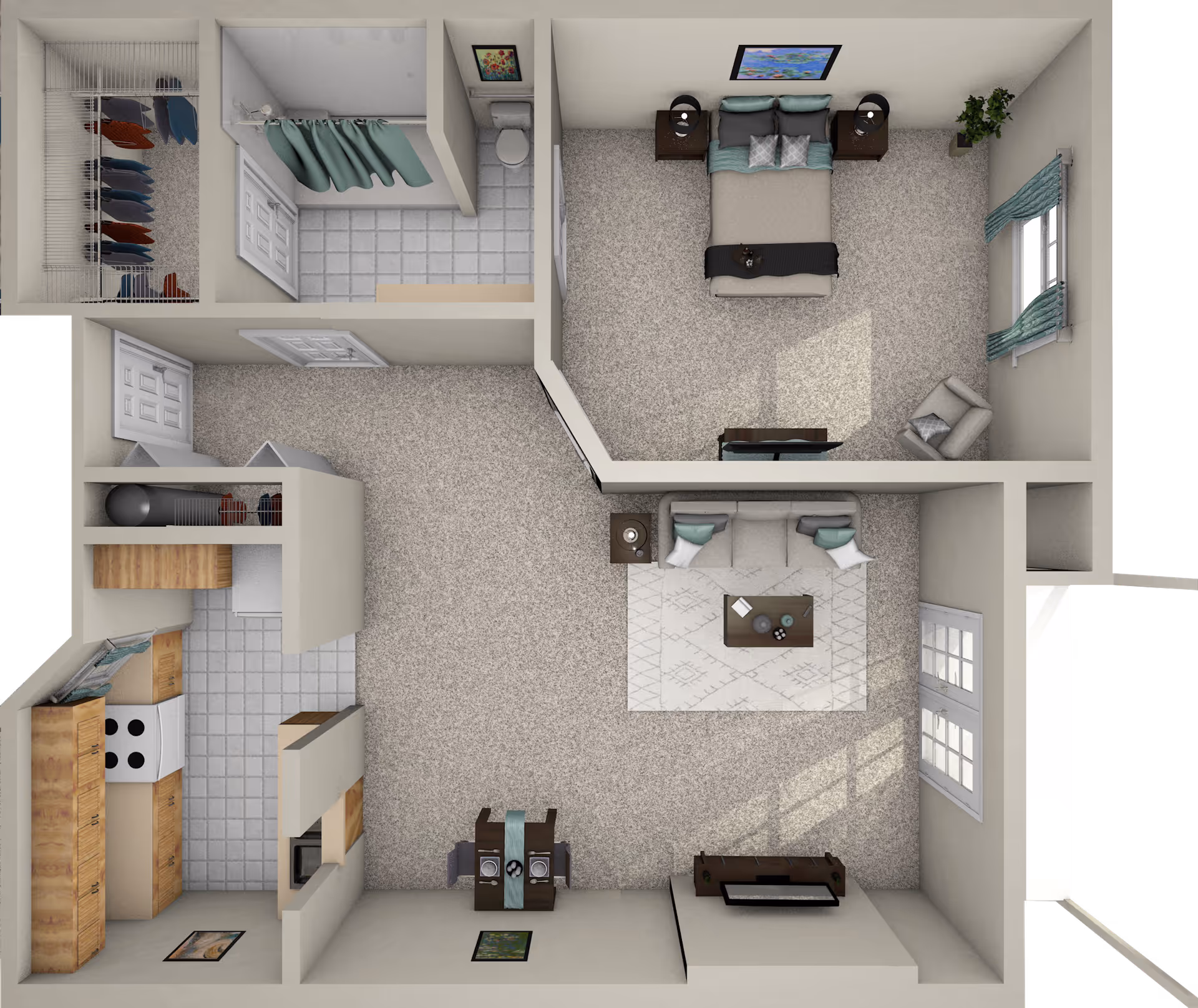 Top-down view of a one-bedroom apartment floor plan showing a bedroom with a bed, nightstands, a chair, and a window; a living room with a sofa, coffee table, side table, and TV stand; a kitchen with appliances and cabinets; a dining area with a table and chairs; a bathroom with a shower, toilet, and sink; and a closet with hanging clothes.