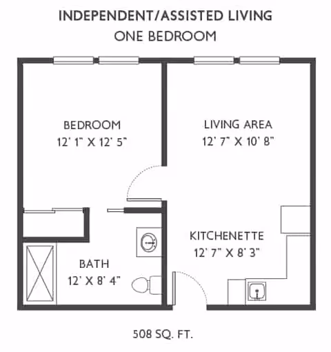 Floor plan layout for an independent/assisted living one-bedroom unit showing a bedroom, living area, kitchenette, and bath with dimensions and total area of 508 square feet.