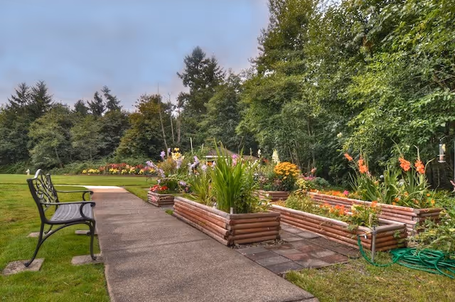 A paved walkway beside raised wooden flower beds and a bench in a landscaped outdoor garden with trees in the background.