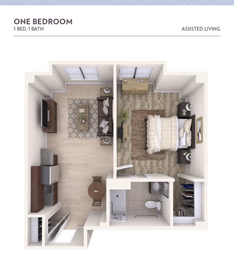 3D floor plan of a one-bedroom, one-bath assisted living apartment at Arbor Terrace Highland Park. The layout includes a bedroom with a bed, nightstands, dresser, and TV, a bathroom with a shower, toilet, and sink, a living room with a sofa, coffee table, TV, and side tables, and a kitchen area with appliances, cabinets, and a small round dining table with two chairs.