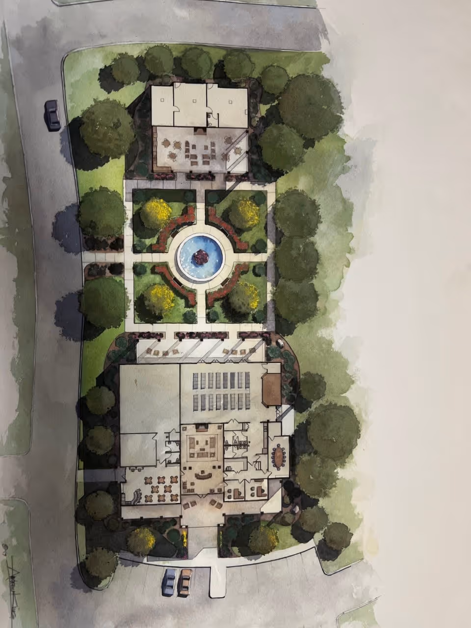 A watercolor architectural floor plan of Forsyth Station Senior Community showing building layout with rooms, outdoor garden area with a central fountain, surrounding trees, parking spaces, and pathways.