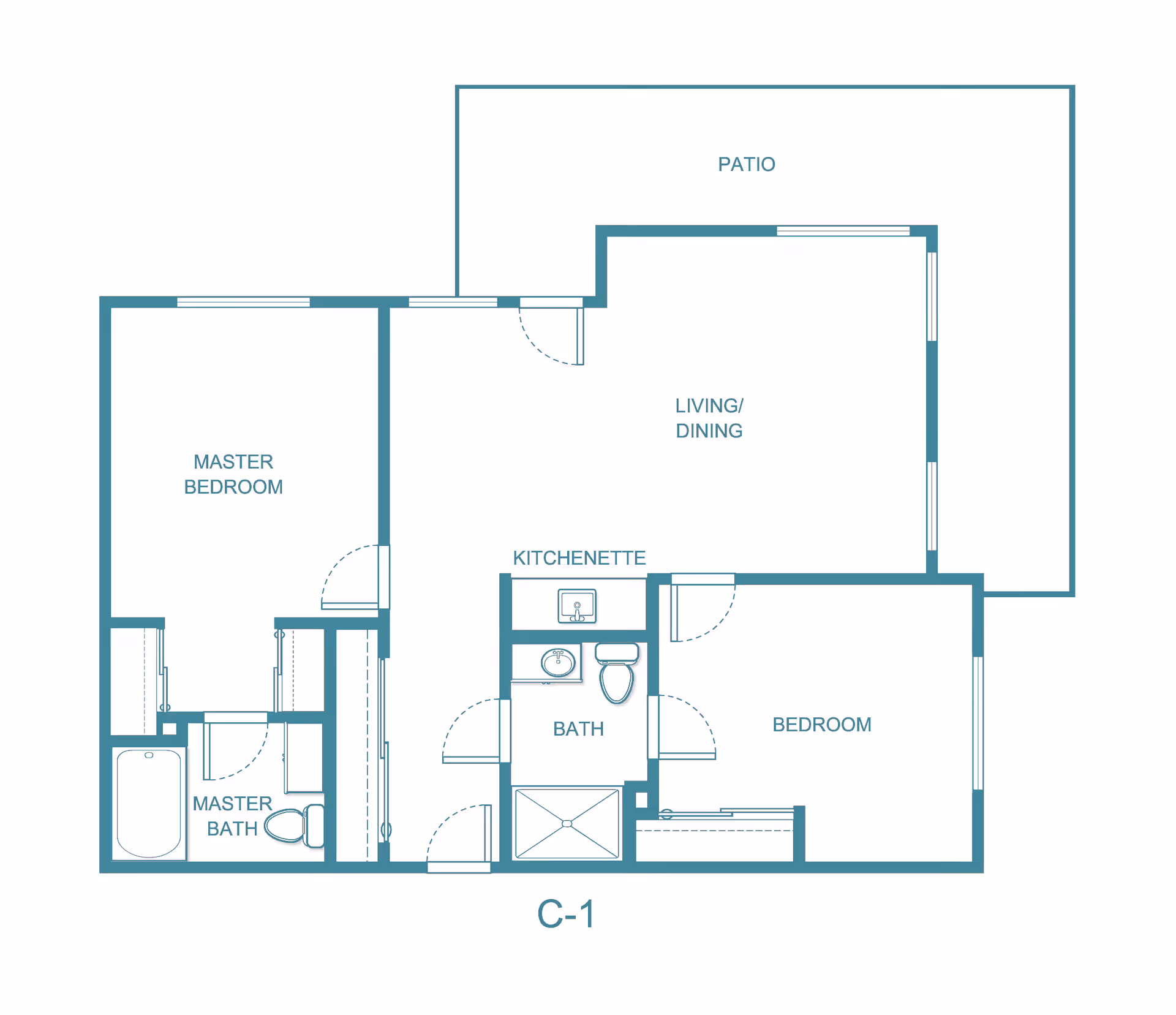 Floor plan layout of a residential unit labeled C-1 showing a master bedroom with master bath, a second bedroom, a bath, a kitchenette, a combined living and dining area, and a patio.