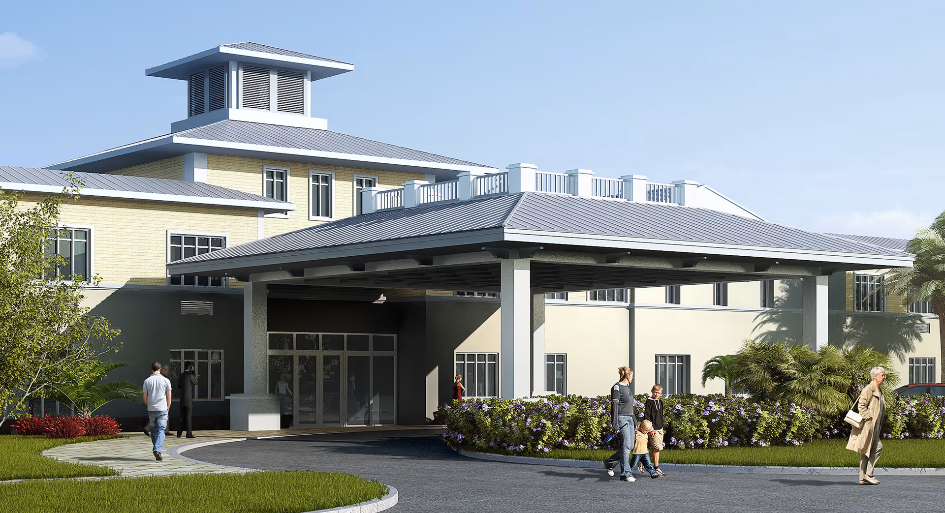Exterior view of a senior living facility named The Cabana at Jensen Dunes, showing a large covered entrance with a driveway, landscaped greenery, and several people walking near the entrance.