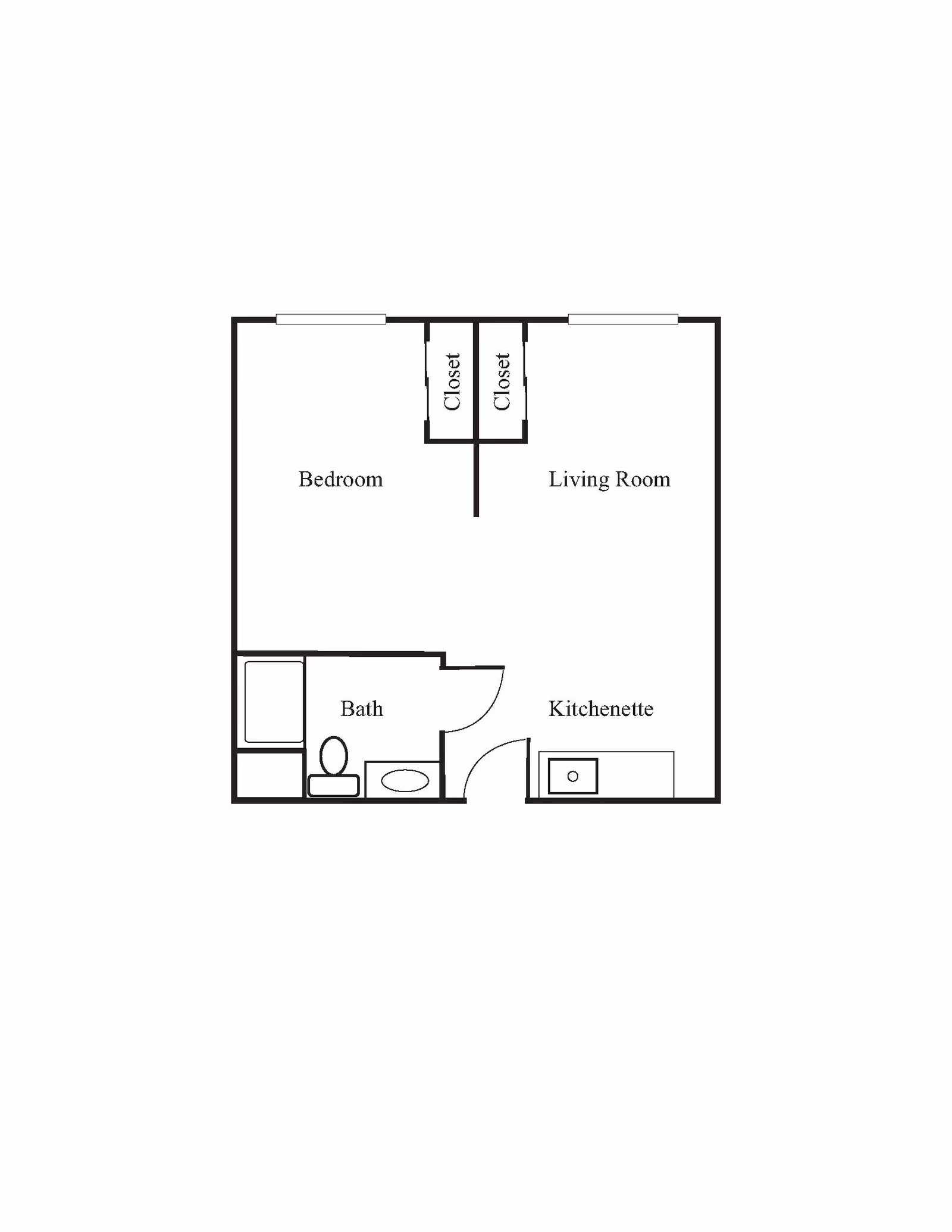 Floor plan layout showing a bedroom, living room, two closets, a bathroom, and a kitchenette.