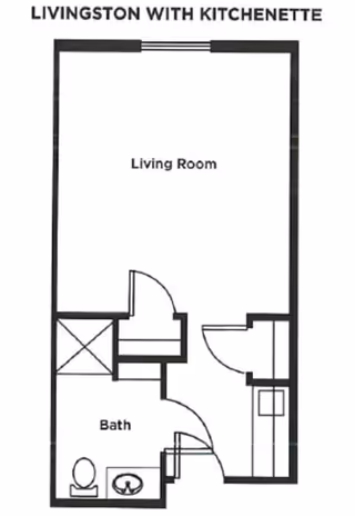 Floor plan labeled 'Livingston with Kitchenette' showing a living room, a bath with toilet and sink, and a kitchenette area.