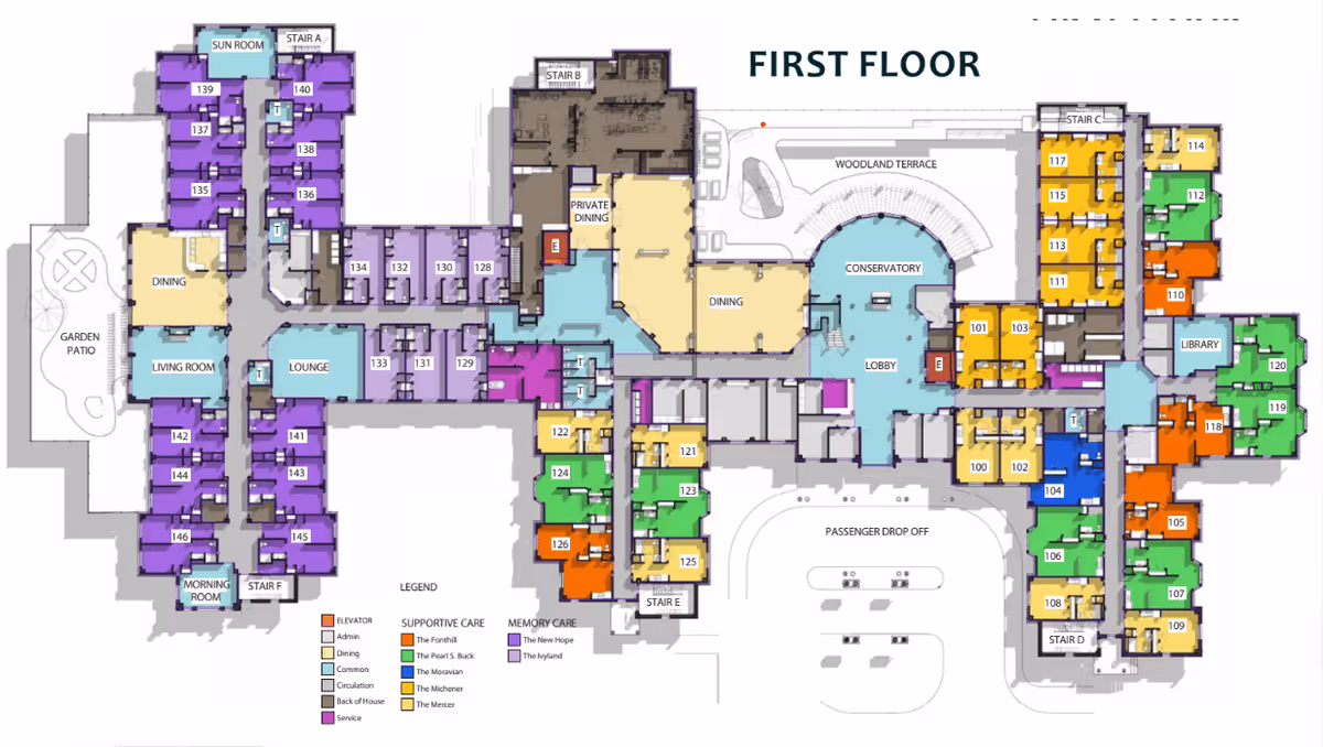 Floor plan of the first floor at The Bridges at Warwick showing various rooms and areas including dining rooms, living room, lounge, sun room, library, conservatory, garden patio, passenger drop off, staircases, and multiple resident rooms color-coded by supportive care and memory care sections.