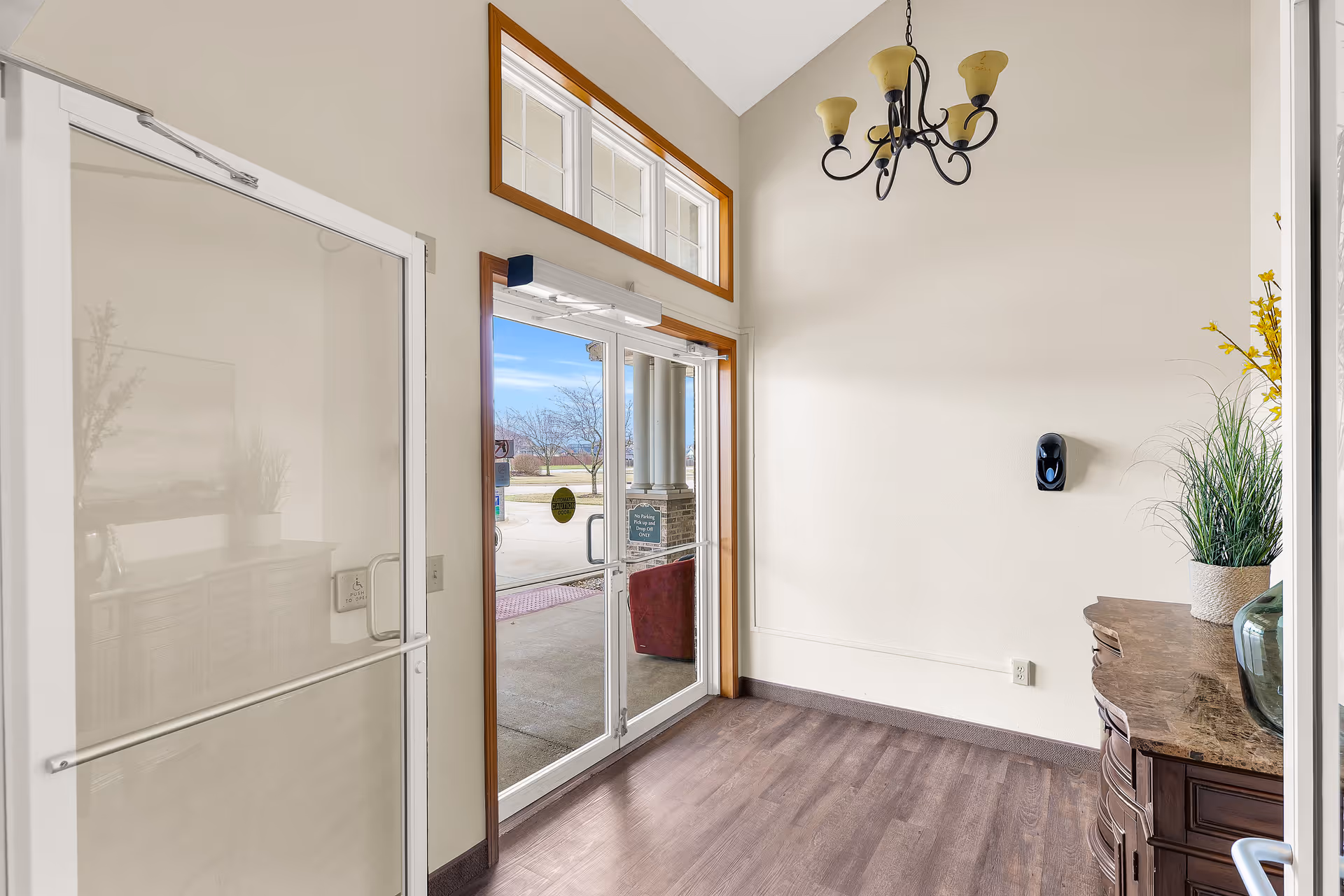 Bright entry foyer with glass double doors, a chandelier, console table with plants, and wood-look flooring.