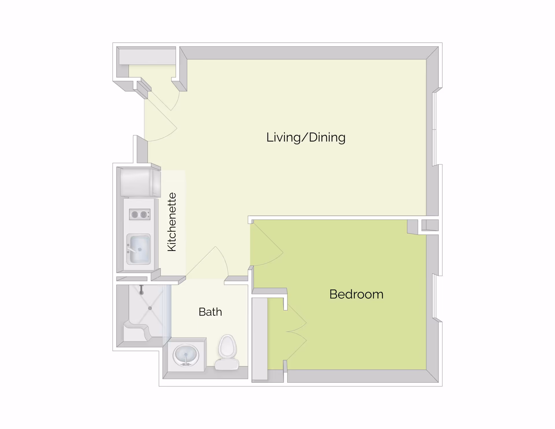 Top-down floor plan of a one-bedroom apartment showing a living/dining area, bedroom, kitchenette, and bathroom.
