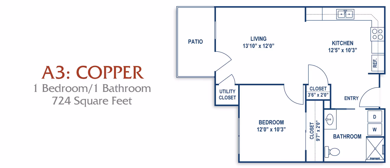 Floor plan for Aspen Ridge Active Adult Community apartment model A3: Copper, featuring 1 bedroom and 1 bathroom with a total of 724 square feet. The layout includes a patio, living room (13'10" x 12'0"), kitchen (12'5" x 10'3"), bedroom (12'0" x 10'3"), bathroom, utility closet, two closets, and an entry area with washer and dryer.