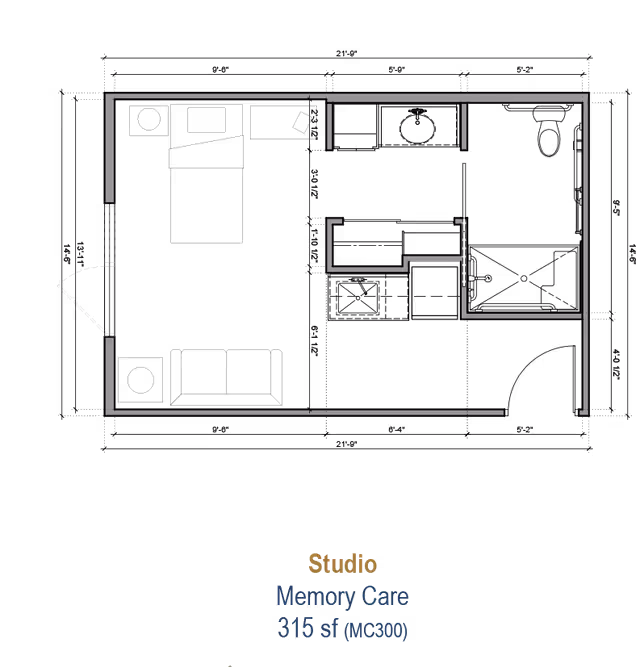 Architectural floor plan of a studio memory care unit measuring 315 square feet at MorningStar Senior Living at Golden Ridge, showing the layout of walls and doors.