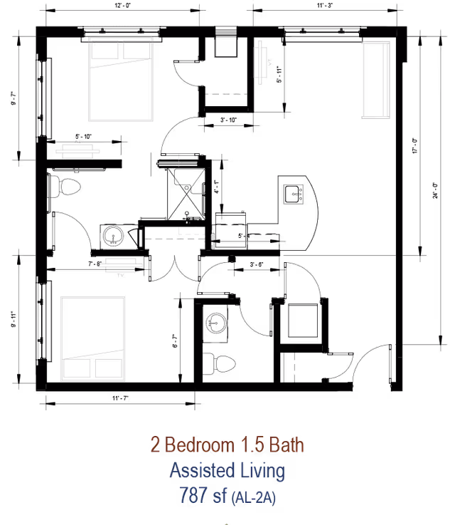 Black-background architectural floor plan diagram for a two-bedroom, 1.5-bath assisted living unit labeled "2 Bedroom 1.5 Bath Assisted Living 787 sf (AL-2A)".