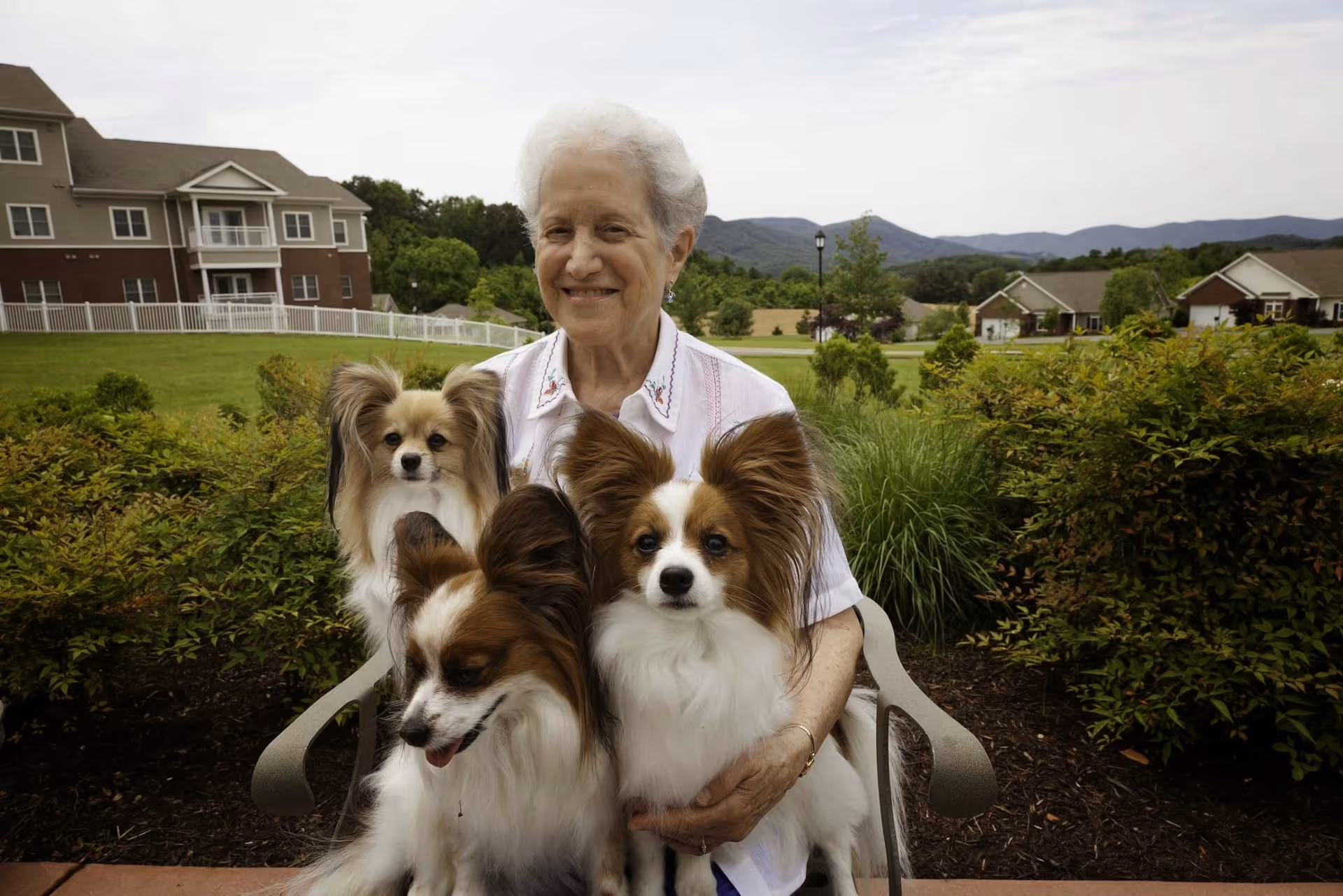An elderly woman sitting outdoors on a bench, smiling and holding three small dogs with long fur. Behind her is a green lawn, bushes, residential buildings, and mountains in the distance under a cloudy sky.