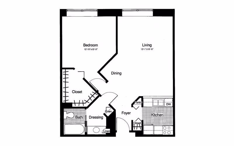 Black and white architectural floor plan of a one-bedroom apartment at North Oaks, a CCRC, showing labeled areas including bedroom, living room, dining area, kitchen, bath, dressing area, closets, pantry, foyer, and linen storage.