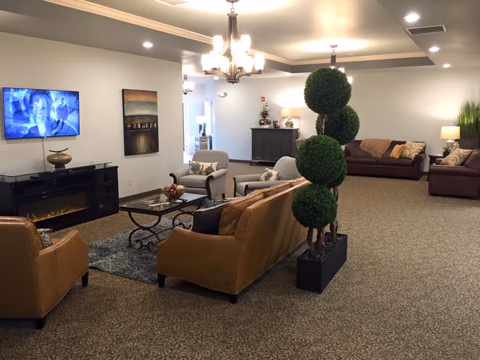 Spacious furnished common lounge with sofas, armchairs, a wall-mounted TV, coffee table, and decorative topiary plants.