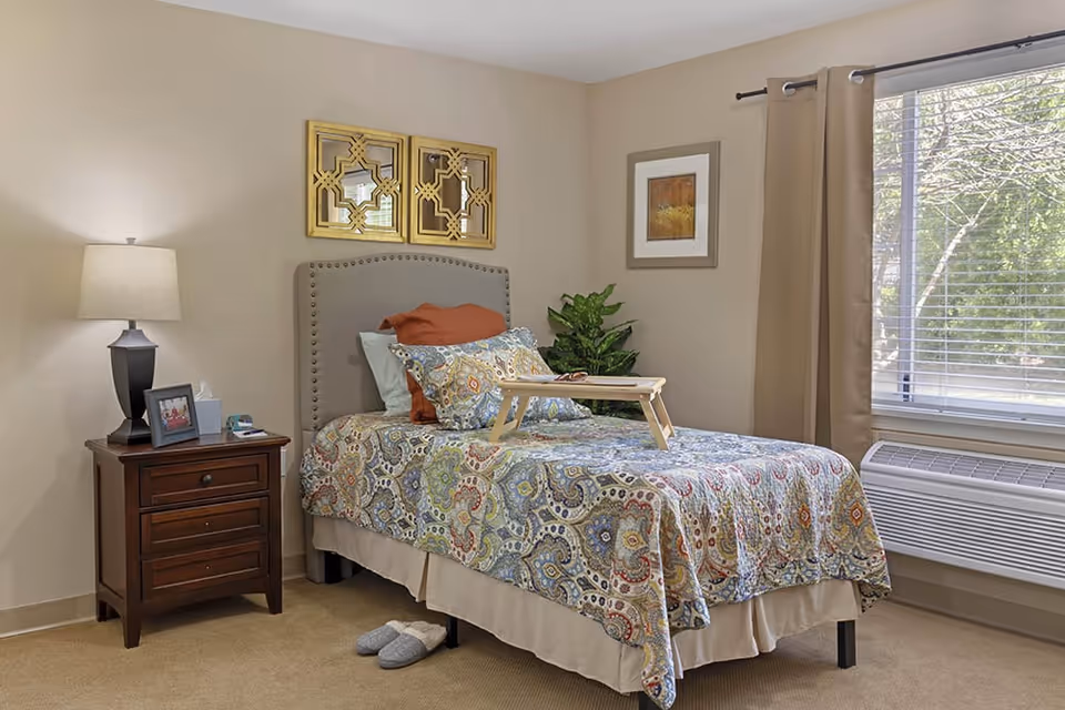 A cozy bedroom with a single bed covered in a colorful patterned quilt and multiple pillows. A small wooden tray is placed on the bed. Next to the bed is a dark wooden nightstand with a lamp, a framed photo, and a box of tissues. The room has beige walls, a window with beige curtains, and a green plant in the corner.