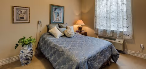 A cozy bedroom with a bed covered in a blue patterned bedspread and several pillows. There is a nightstand with a lamp and a phone next to the bed. Two framed pictures hang on the beige wall above the bed. A large potted plant in a decorative blue and white vase is placed on the floor near the bed. A window with sheer curtains allows natural light into the room, and an air conditioning unit is installed below the window.