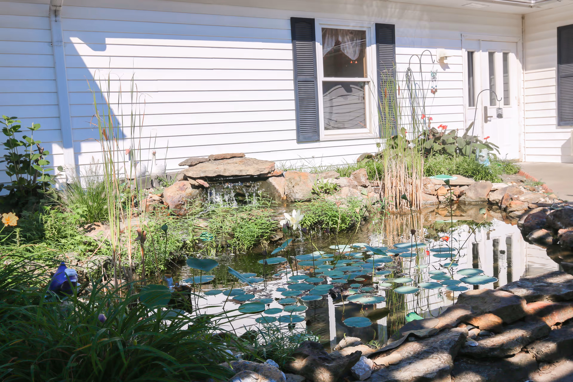 A small decorative pond with lily pads and rocks sits in front of a white-sided building with a window and door.