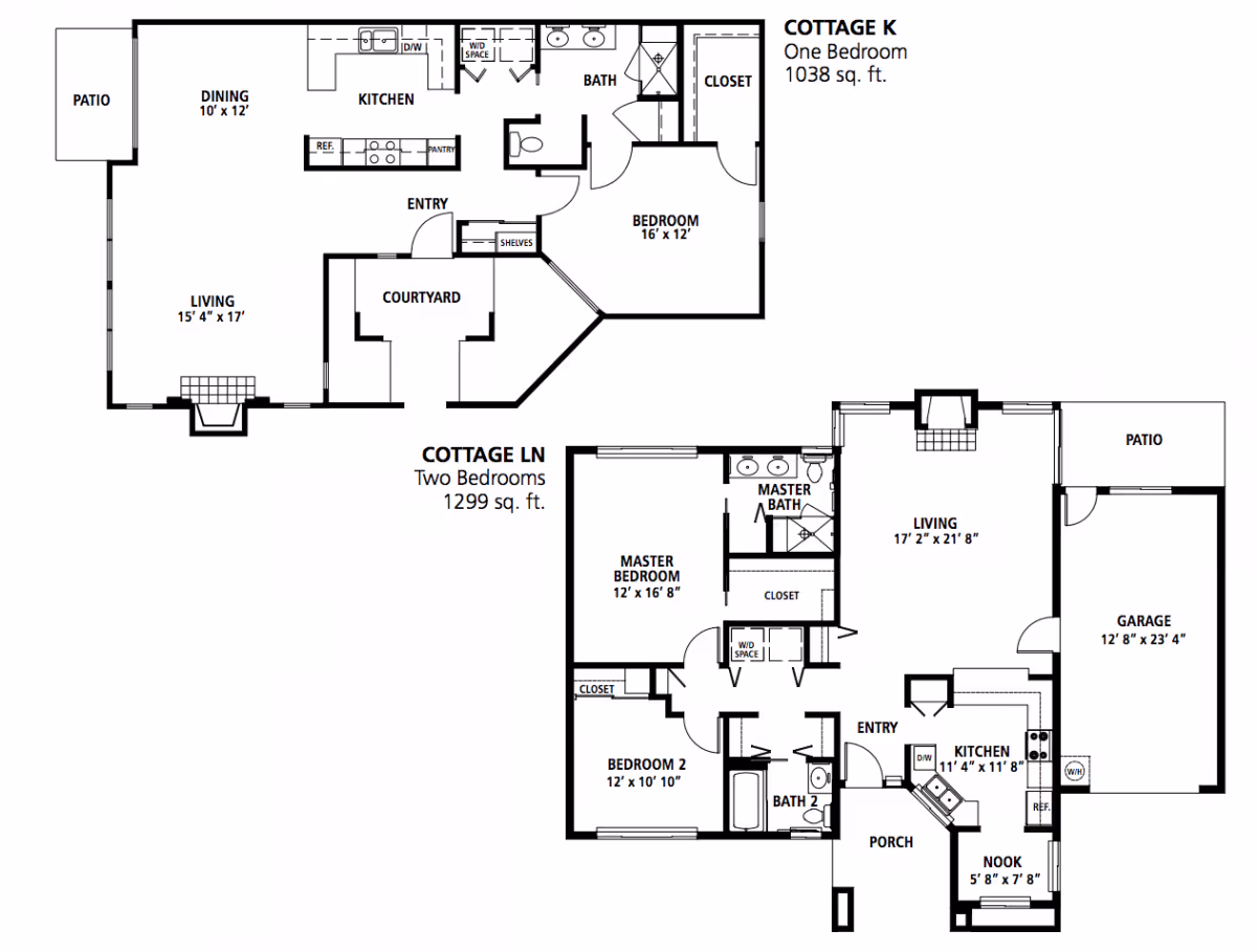 Architectural floor plans for two cottages at Eskaton Village Carmichael. Cottage K is a one-bedroom layout with a living room, dining area, kitchen, bathroom, closet, entry, courtyard, and patio, totaling 1038 sq. ft. Cottage LN is a two-bedroom layout with a master bedroom and bath, second bedroom, living room, kitchen, nook, two bathrooms, closets, entry, porch, garage, and patio, totaling 1299 sq. ft.