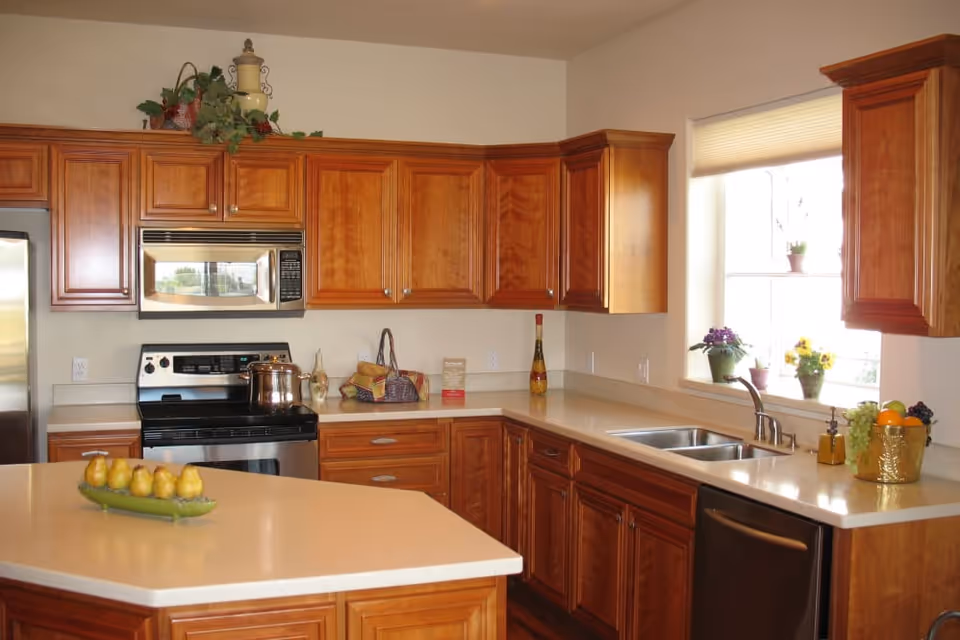 Bright modern kitchen with wooden cabinets, a center island, stainless steel appliances, and a sink under a window with potted plants.