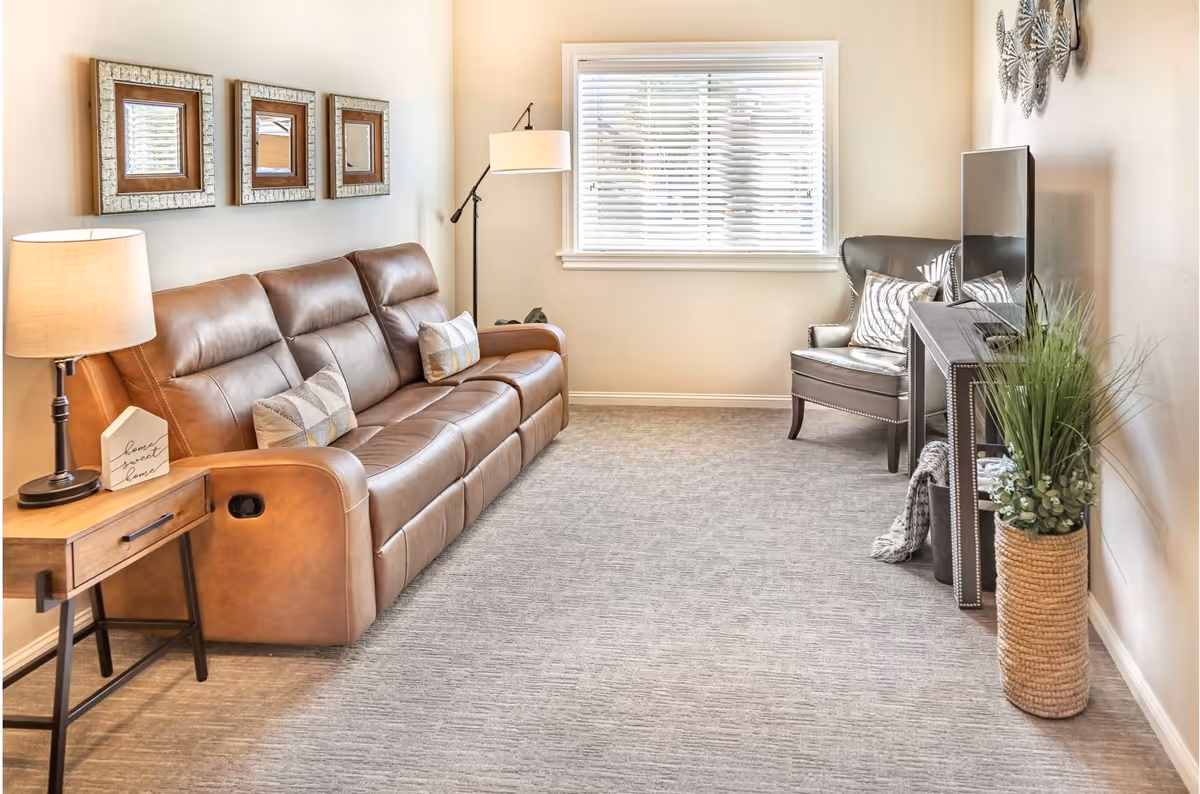 Bright living room with a brown leather sofa, armchair, TV stand, floor lamp and a window with blinds.