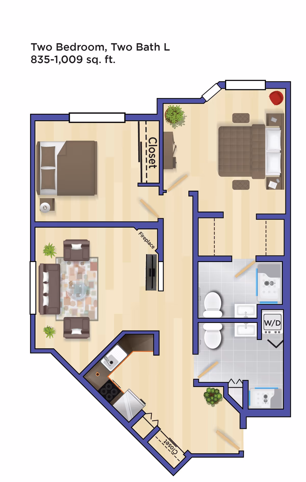 Illustrated floor plan of a two-bedroom, two-bath apartment showing bedrooms, living room, kitchen, bathrooms, closets, and furniture.