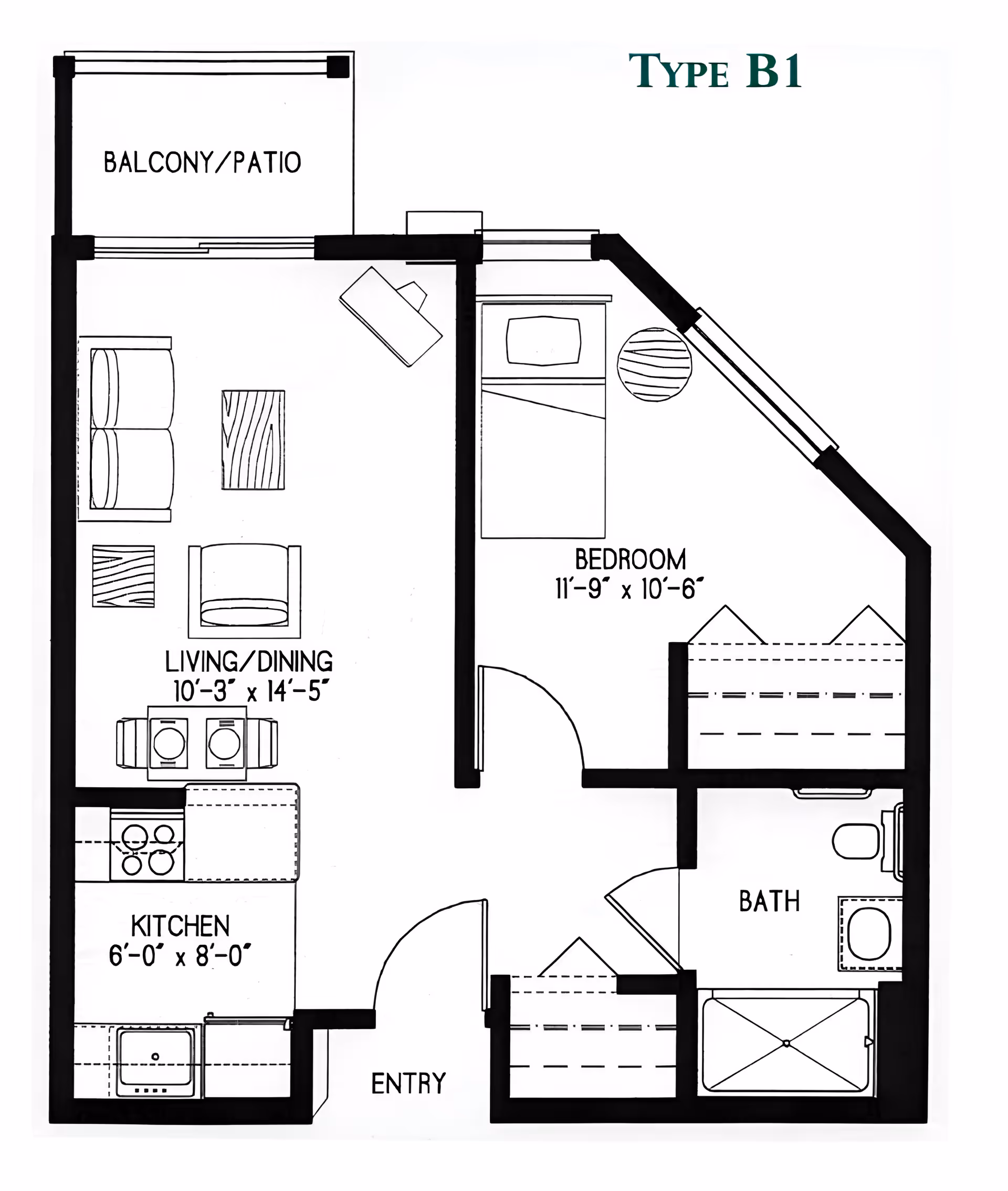Floor plan labeled Type B1 showing a one-bedroom apartment layout with a balcony/patio, living/dining area, kitchen, bedroom, bathroom, and entryway.