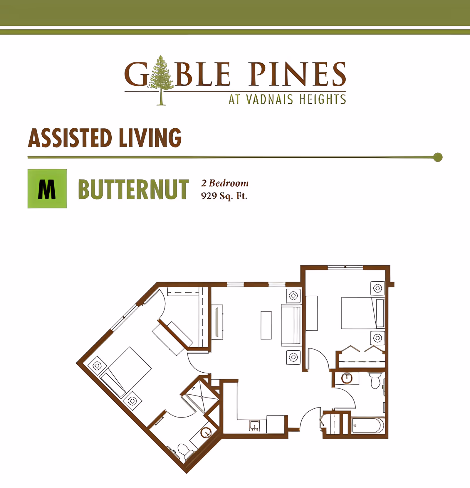 Floor plan layout for a 2-bedroom assisted living apartment named Butternut at Gable Pines, showing rooms including bedrooms, bathrooms, living area, and kitchen within 929 square feet.