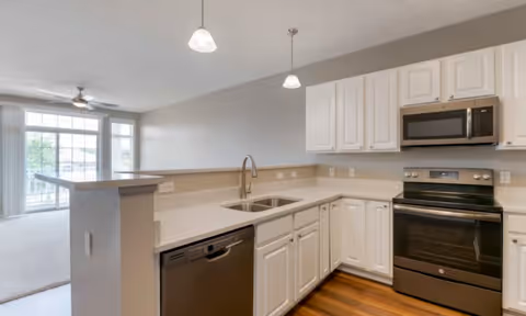 Modern kitchen with white cabinets, stainless steel appliances including a dishwasher, oven, and microwave. The kitchen has a double sink, pendant lights, and a countertop that opens to a living area with large windows and a ceiling fan.