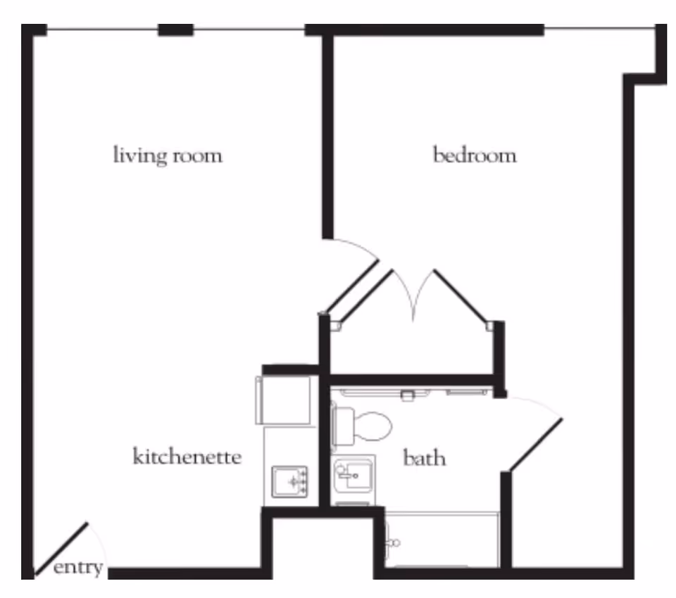 Floor plan layout showing an entry leading to a kitchenette and living room area, with a separate bedroom and a bathroom.