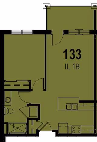 Floor plan layout of a one-bedroom apartment labeled 133 IL 1B, showing a kitchen area with appliances, a bathroom with toilet and shower, and a living/sleeping area.