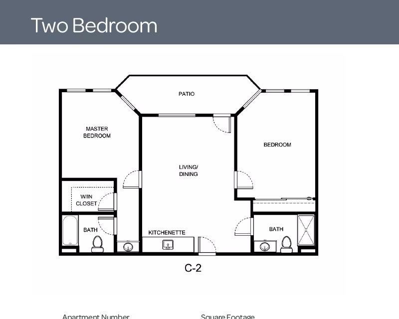 Floor plan of a two-bedroom apartment featuring a master bedroom with a walk-in closet and bathroom, a second bedroom with an adjacent bathroom, a living/dining area, kitchenette, and a patio.