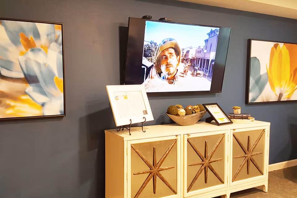 Wall-mounted TV above a decorative cabinet with framed art, a bowl of decorative spheres, and informational displays against a blue wall.