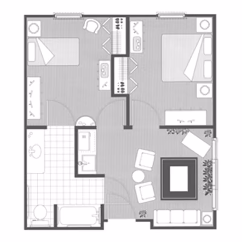 Floor plan of a residential unit showing two bedrooms, a bathroom, and a living room area. The layout includes beds, chairs, tables, closets, a bathtub, a toilet, and sinks.