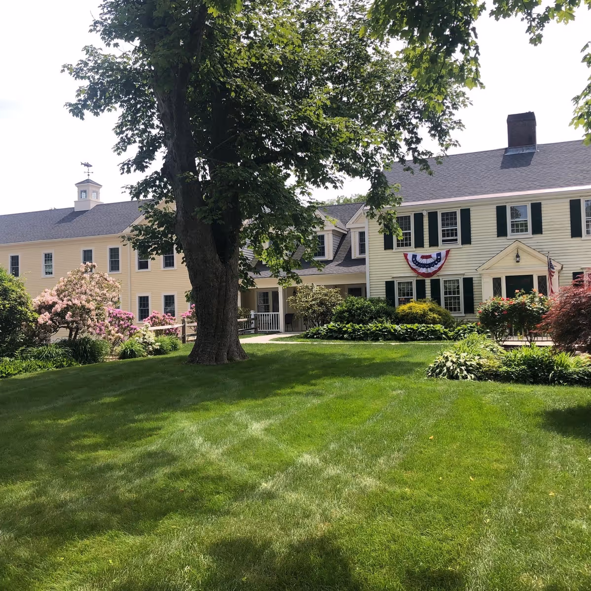A large, well-maintained lawn with a big tree in the center and various bushes and flowering plants around it. In the background, there is a two-story yellow building with black shutters and a gray roof, decorated with patriotic bunting and an American flag near the entrance.