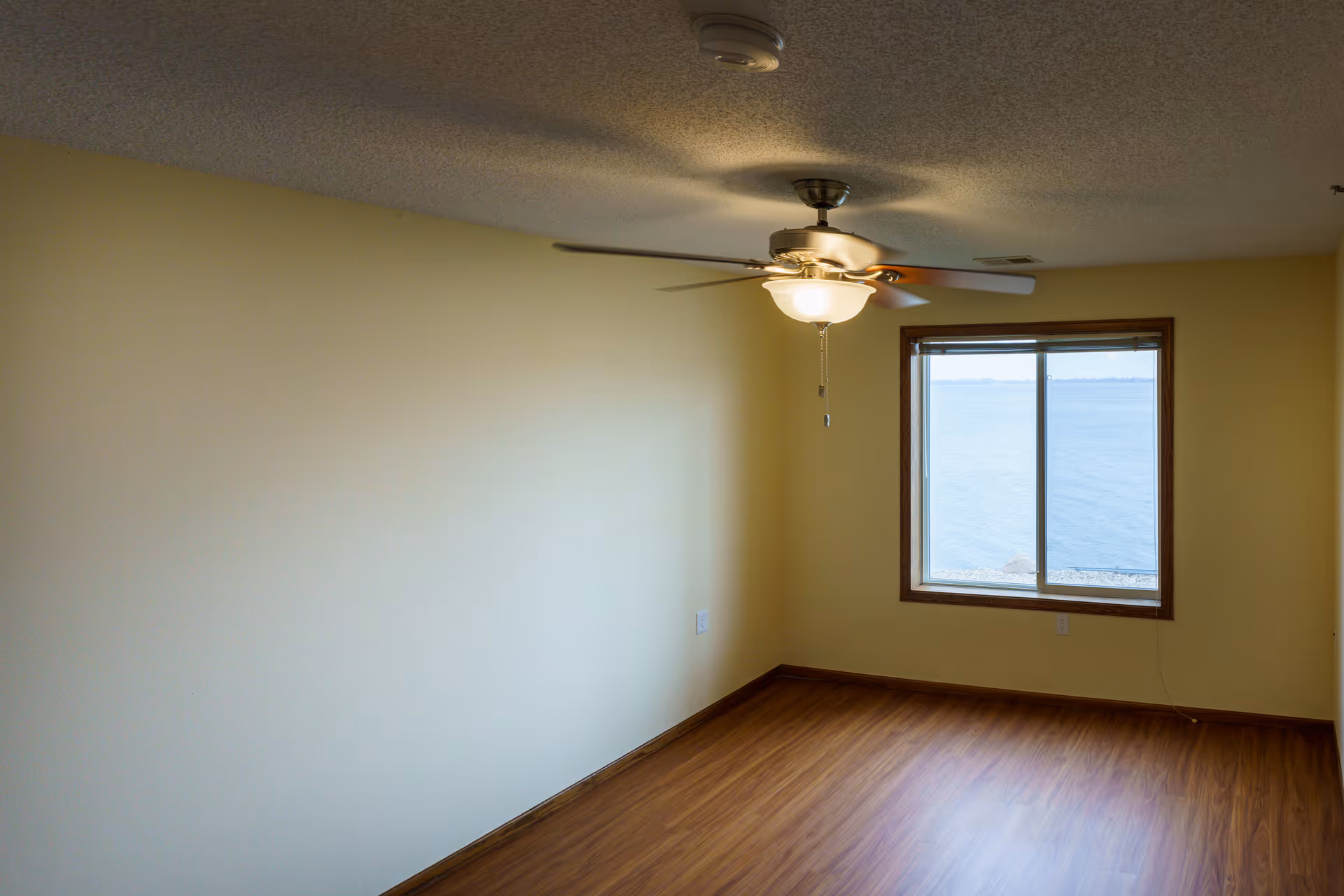 Empty room with light yellow walls, wood flooring, a ceiling fan with light, and a window showing a view of a large body of water.