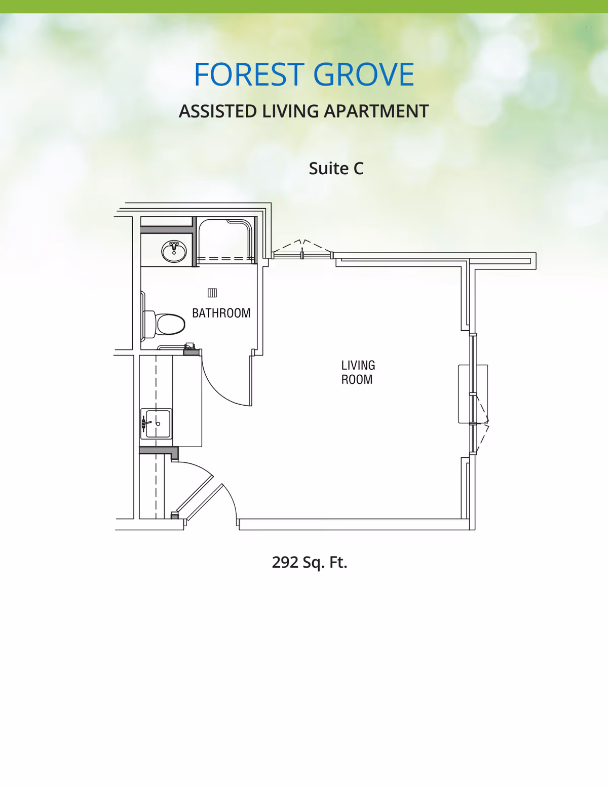 Floor plan of Forest Grove Assisted Living Apartment Suite C showing a bathroom with a toilet, sink, and shower, and a living room area. The total area is 292 square feet.