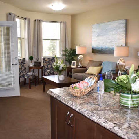 A cozy living room area with a beige sofa adorned with yellow and blue pillows, two glass table lamps on side tables, a large abstract painting on the wall, and two patterned chairs near windows with gray curtains. In the foreground, a granite countertop holds a basket of snacks, a bottle of hand sanitizer, and a green-striped vase with white flowers.