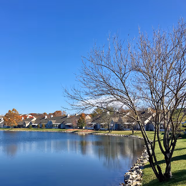 A serene view of a pond with a rocky shoreline and a leafless tree in the foreground. Across the pond, there are several single-story houses with sloped roofs, surrounded by green lawns and some autumn-colored trees under a clear blue sky.