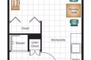 Partial floor plan showing a kitchenette area with a dinette table and chairs, a shower, linen closet, and a closet.