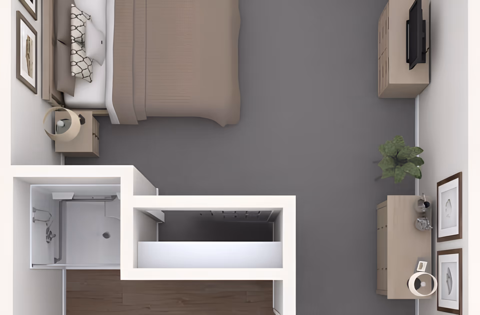 Top-down view of a bedroom with a bed, nightstand with a lamp, dresser with a TV, another dresser with decorative items, a plant, and two framed pictures on the wall. There is an attached bathroom with a shower visible.