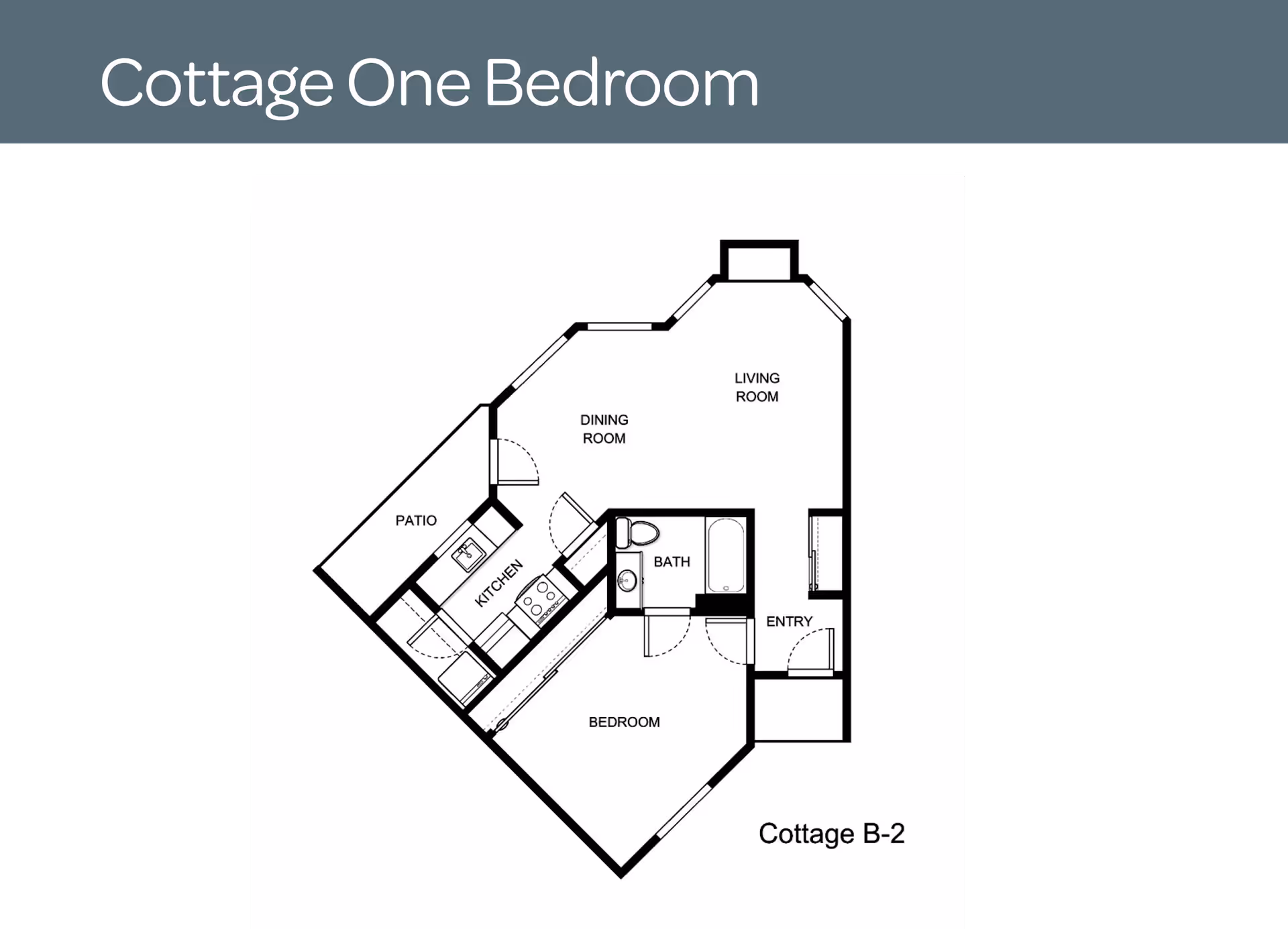 Floor plan titled "Cottage One Bedroom" (Cottage B-2) showing a one-bedroom layout with labeled living room, dining room, kitchen, bathroom, bedroom, patio, and entry.