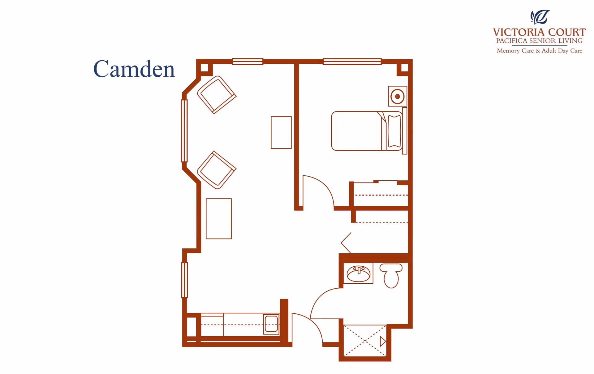 Floor plan labeled Camden showing a layout with a bedroom containing a bed and nightstand, a living area with two chairs and a table, a bathroom with a sink, toilet, and shower, and a small kitchen area. The plan includes windows and closets.