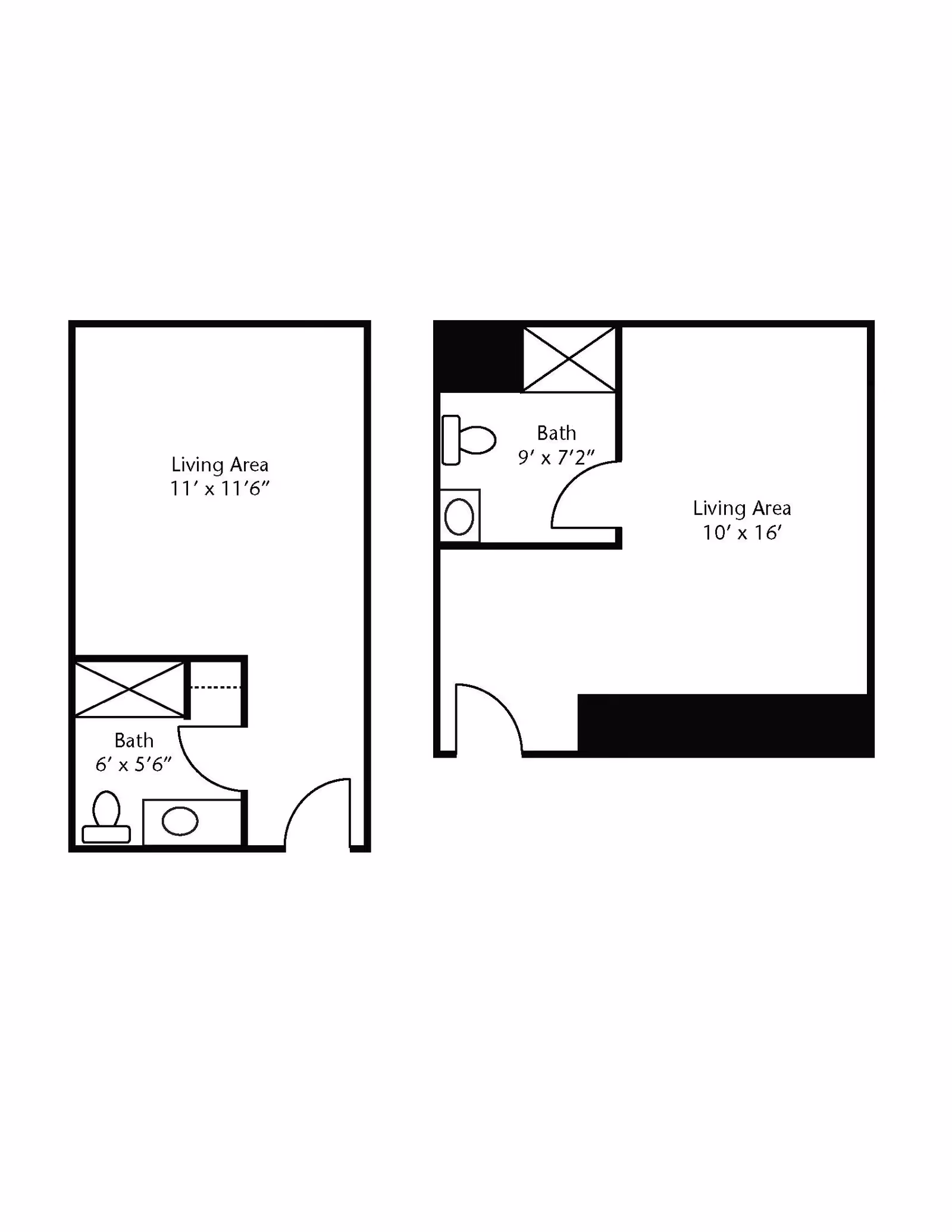 Architectural floor plan showing two separate layouts, each with a living area and a bathroom. The left layout has a living area measuring 11 feet by 11 feet 6 inches and a bathroom measuring 6 feet by 5 feet 6 inches. The right layout has a living area measuring 10 feet by 16 feet and a bathroom measuring 9 feet by 7 feet 2 inches.