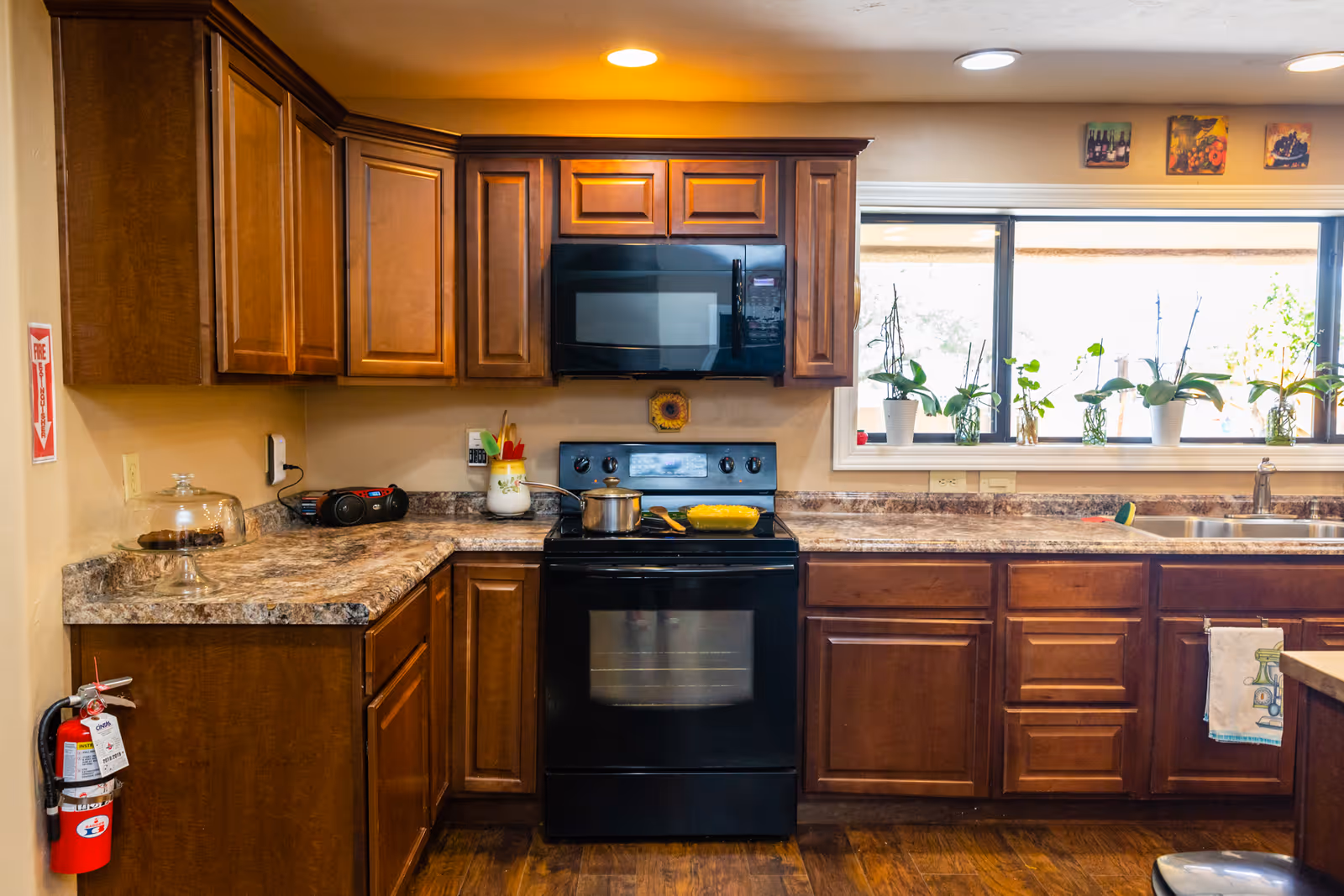 Well-lit kitchen with wooden cabinets, a black stove and microwave, marble-look counters, and a sink under a window with potted plants.