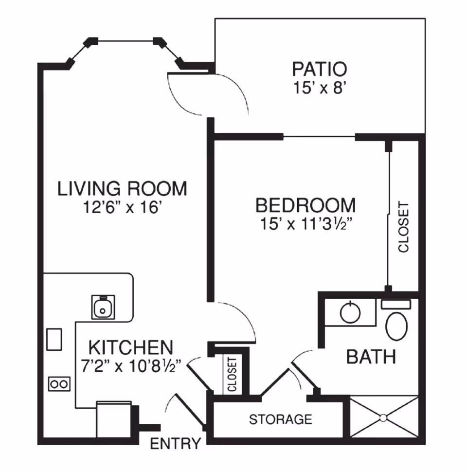 Black-and-white floor plan of a one-bedroom apartment showing a living room, kitchen, bedroom, bathroom, storage and a patio with room dimensions.
