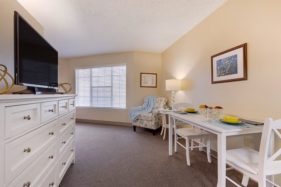 Bright studio living area with a dresser and TV, a small dining table set for two, and an upholstered chair by a large window.