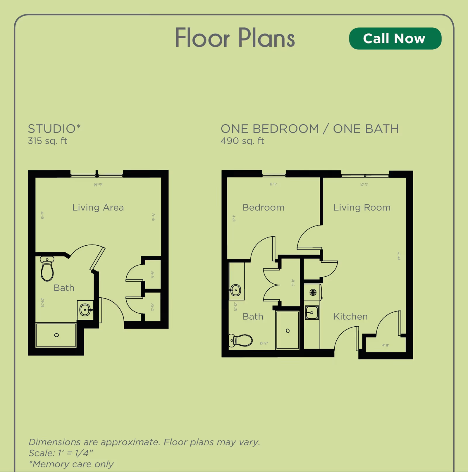Floor plans for Angels Senior Living at Sarasota showing two layouts: a studio apartment of 315 sq. ft with a living area and bath, and a one bedroom/one bath apartment of 490 sq. ft with a bedroom, living room, kitchen, and bath. Dimensions and scale are noted.