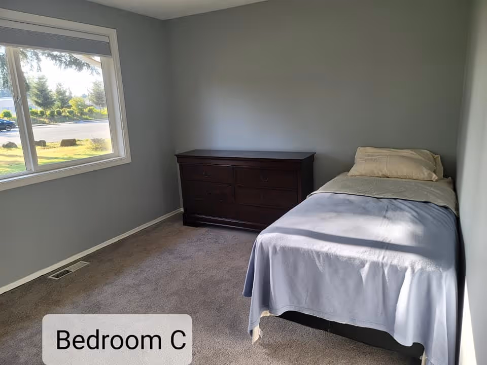Small bedroom with a single bed against the right wall, a dark dresser, carpeted floor and a window showing the outdoors.